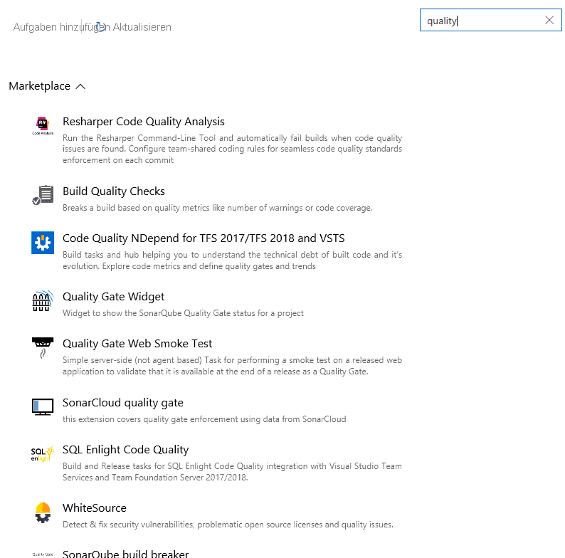 Screenshot der Marketplace-Seite mit einer Suche nach dem Begriff 'Qualität'. Zu den Ergebnissen gehören NDepend und Resharper.