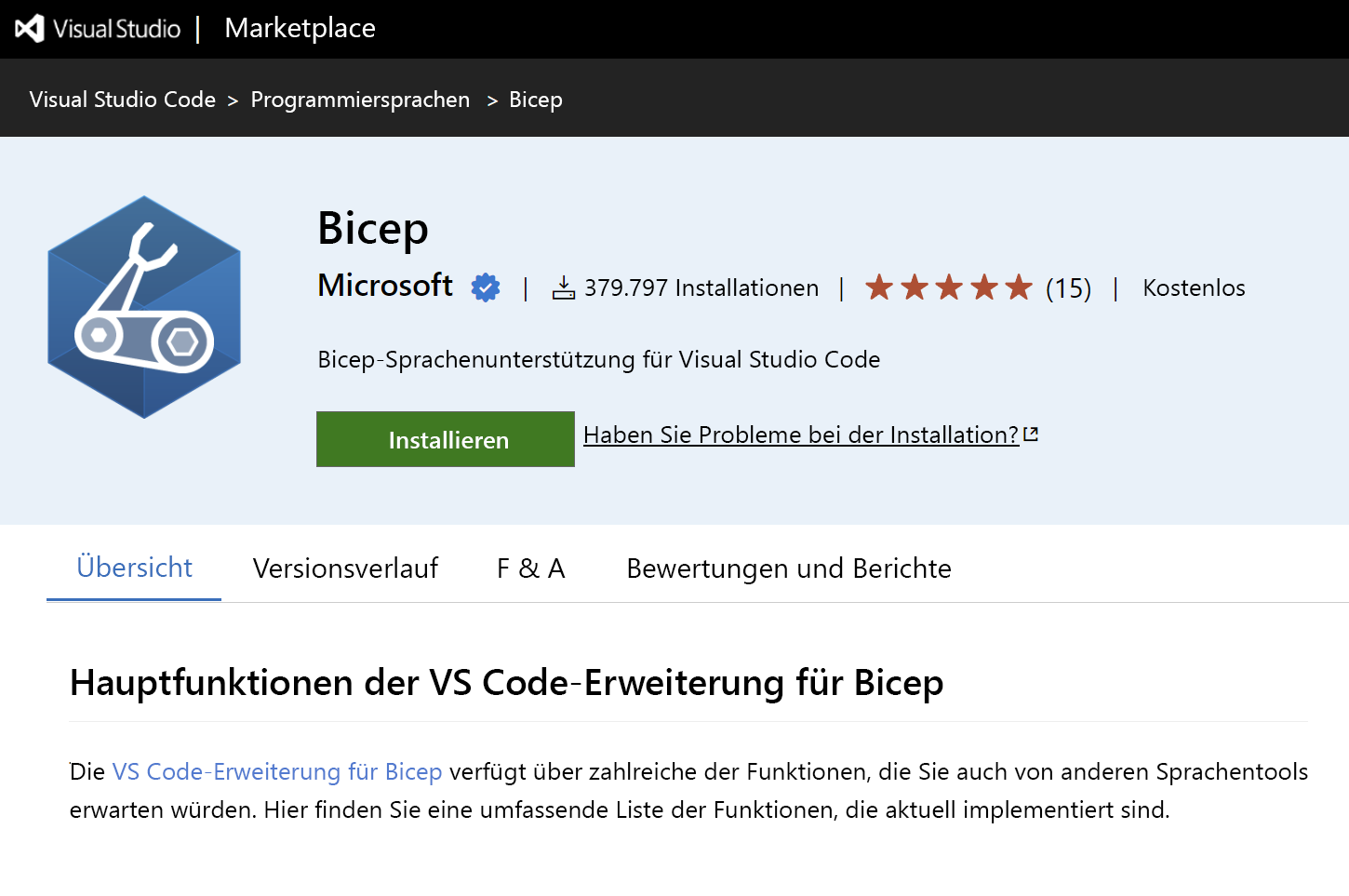 Screenshot der Bicep-Erweiterung aus dem VS Code-Marketplace.