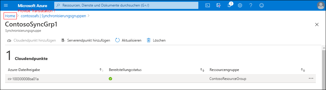 A screenshot of the ContosoSyncGrp1 page in the Azure portal. One cloud endpoint lists the Azure File Share name and Resource Group.