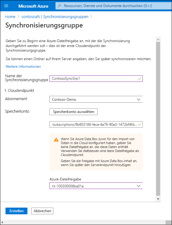 A screenshot of the Sync group page in the Azure portal. The Sync group name is ContosoSyncGrp1, and both the Storage account and Azure File Share values are configured.