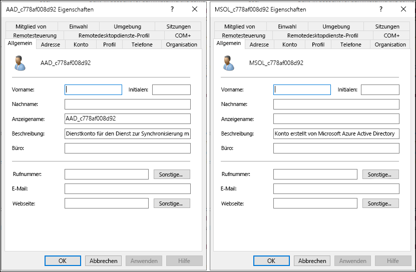 Screenshot von Active Directory-Benutzer und -Computer. Der Administrator hat zwei Konten geöffnet: MSOL_c778af008d92 und AAD_c778af008d92. Die Registerkarte „Allgemein“ ist für beide Konten ausgewählt. 