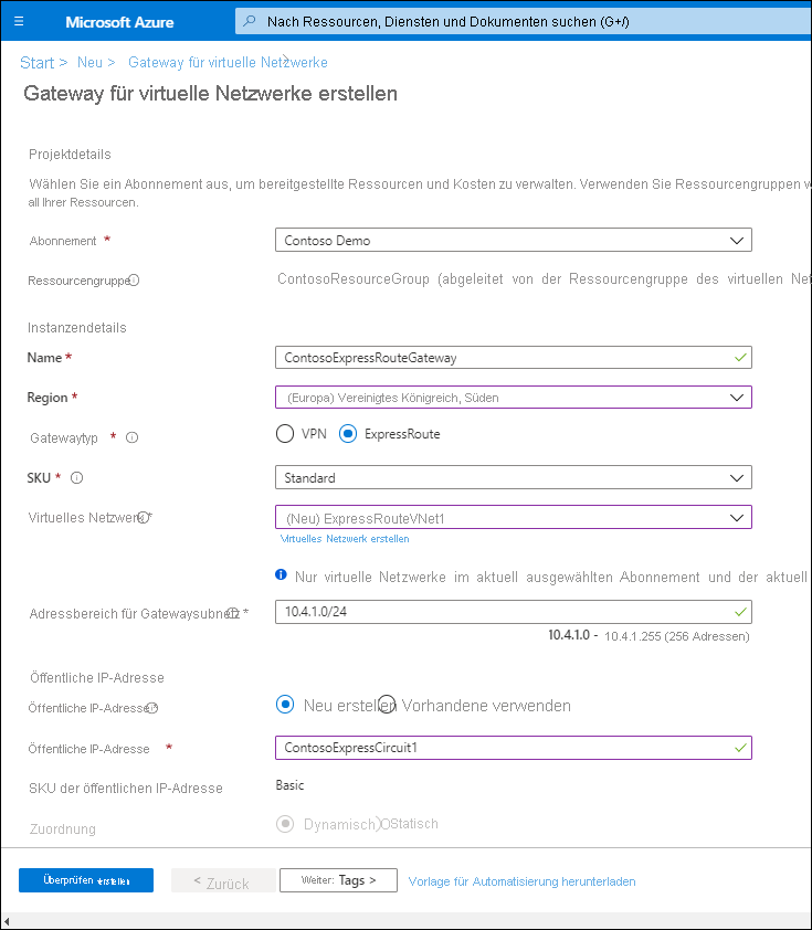 Screenshot: Blatt „Gateway für virtuelle Netzwerke erstellen“, auf dem der Administrator die Werte wie im Text oben beschrieben konfiguriert hat.