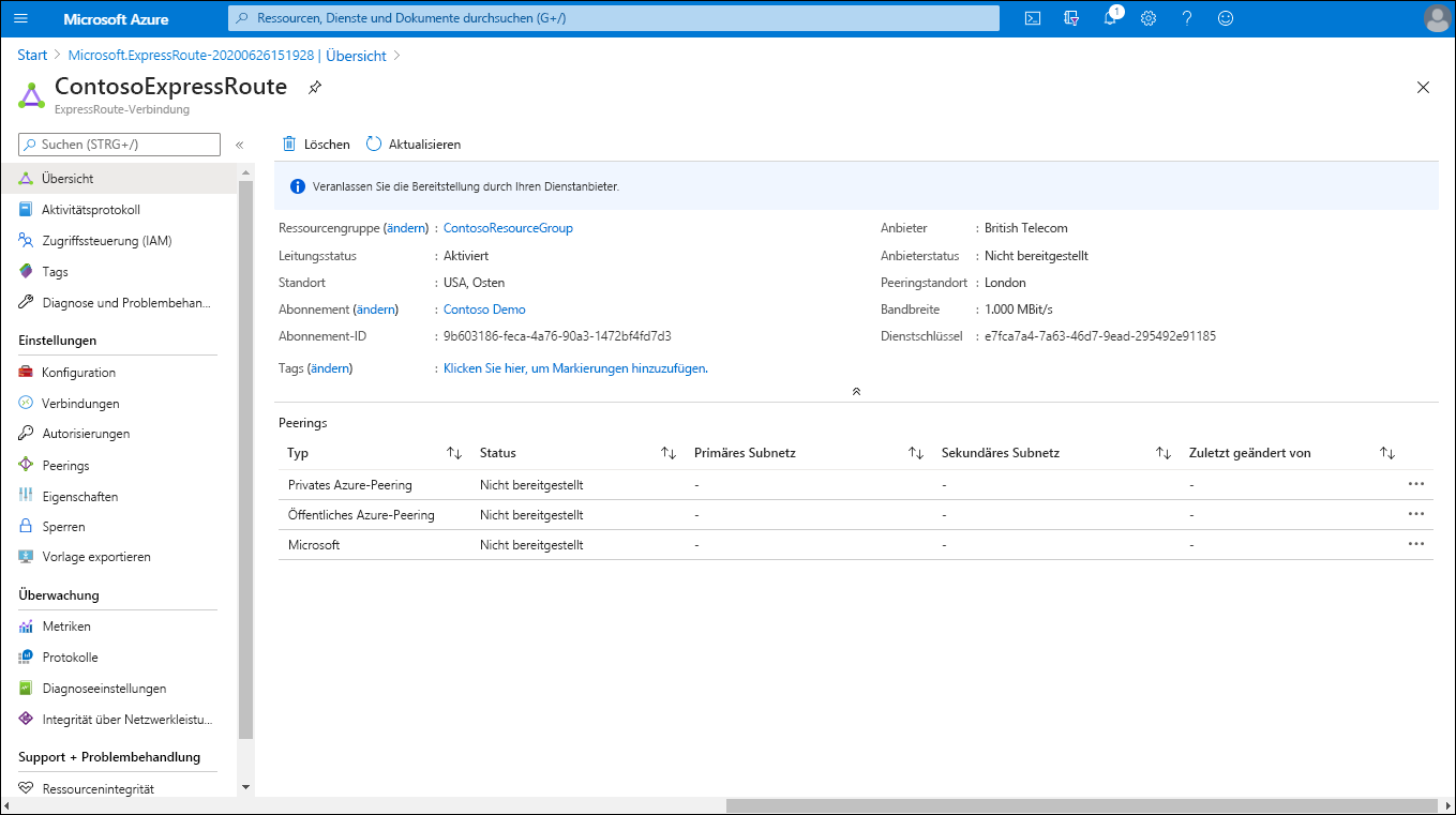 Screenshot der Seite „ContosoExpressRoute“ im Azure-Portal. Der Leitungsstatus ist aktiviert, aber der Anbieterstatus lautet „Nicht bereitgestellt“.