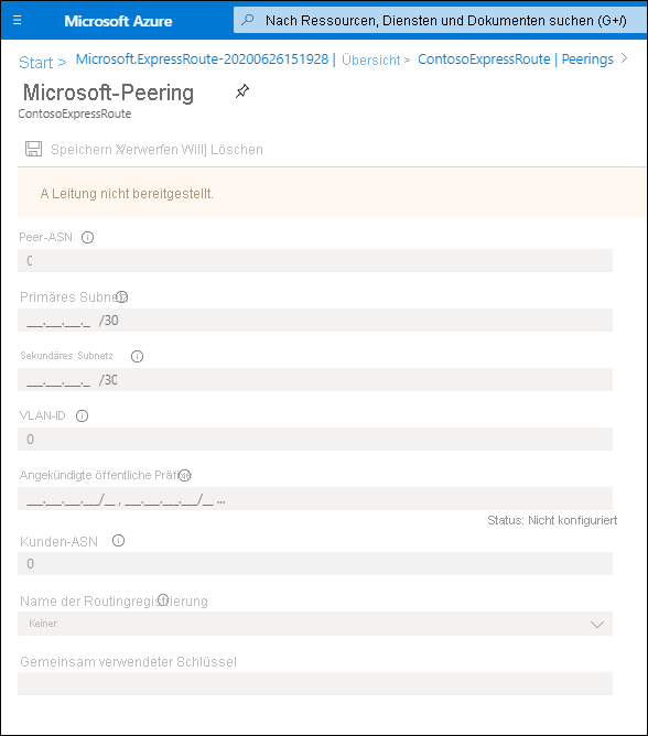 Screenshot des Blatts „Microsoft-Peering“. Es können keine Werte konfiguriert werden, weil die Leitung nicht bereitgestellt ist. Die konfigurierbaren Werte lauten jedoch wie zuvor beschrieben.