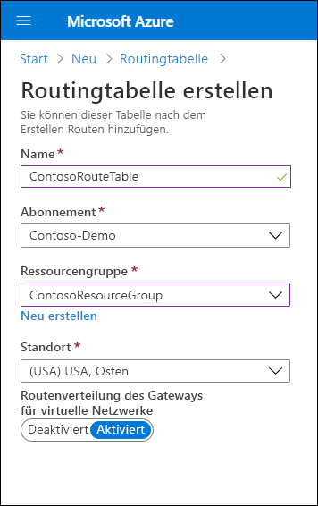 Screenshot: Seite „Routingtabelle erstellen“ im Azure-Portal. Der Administrator hat den Namen „ContosoRouteTable“ festgelegt und für „Routenverteilung des Gateways für virtuelle Netzwerke“ die Option „Aktiviert“ ausgewählt.