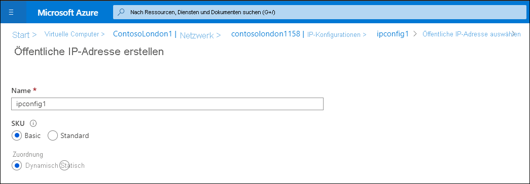 Screenshot: Seite „Öffentliche IP-Adresse erstellen“ für „ipconfig1“. Die SKU ist „Basic“ und die Zuweisung ist „Dynamisch“. 