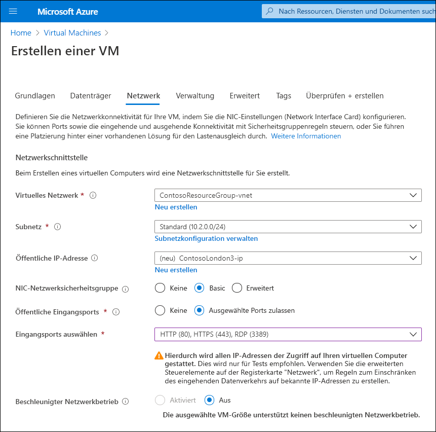 Screenshot: Seite „Virtuellen Computer erstellen“ im Azure-Portal. Der Administrator hat die Standardeinstellungen für diese VM in ContosoResourceGroup übernommen. Das Gerät wird an das VNet „ContosoResourceGroup-vnet“ angefügt und einem privaten IPv4-Subnetz zugewiesen. Die VM verfügt auch über eine standardmäßige öffentliche IPv4-Adresse.