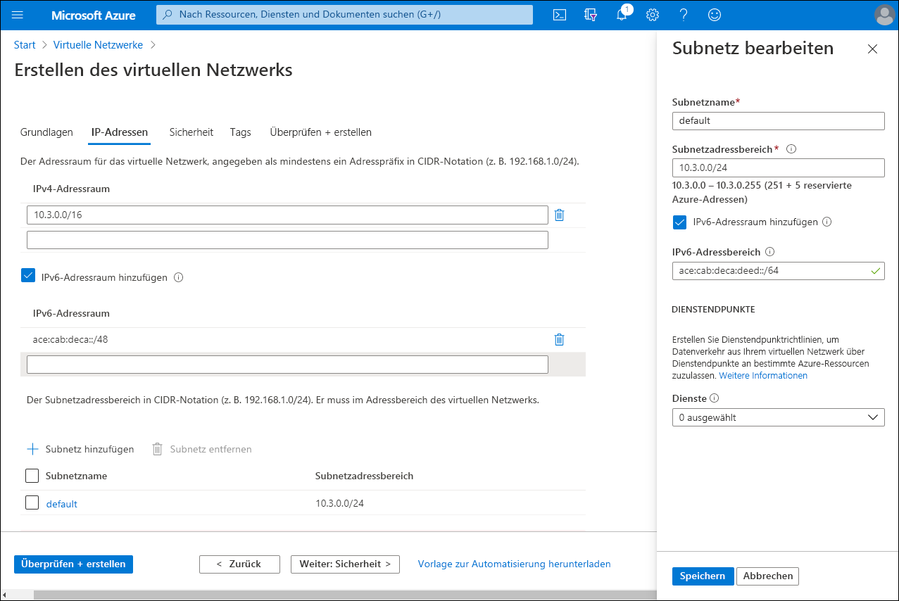 Screenshot: Seite „Virtuelles Netzwerk erstellen“ im Azure-Portal. Der Administrator hat die Registerkarte „IP-Adressen“ und das Kontrollkästchen „IPv6-Adressraum hinzufügen“ ausgewählt. Auf dem Blatt „Subnetz bearbeiten“ hat der Administrator einen IPv6-Adressbereich eingegeben.