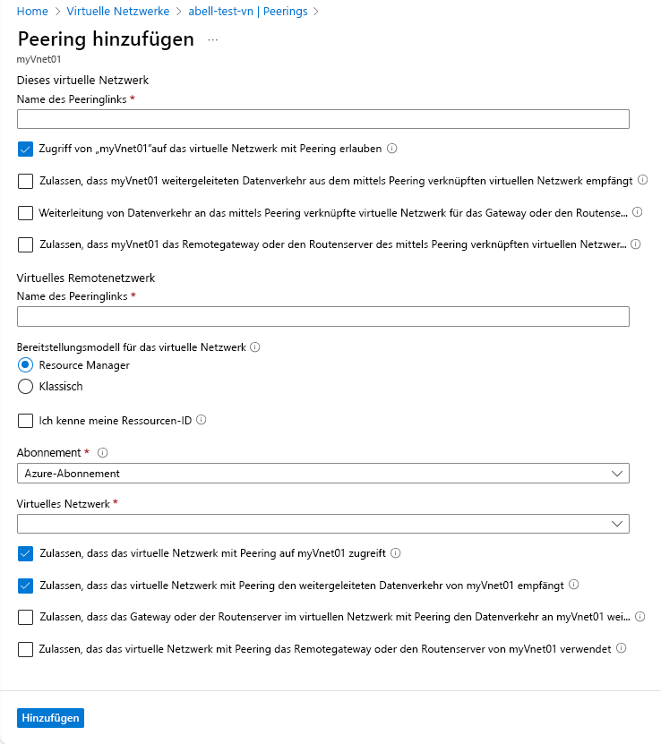 Screenshot der Konfigurationsseite für das Peering virtueller Netzwerke.
