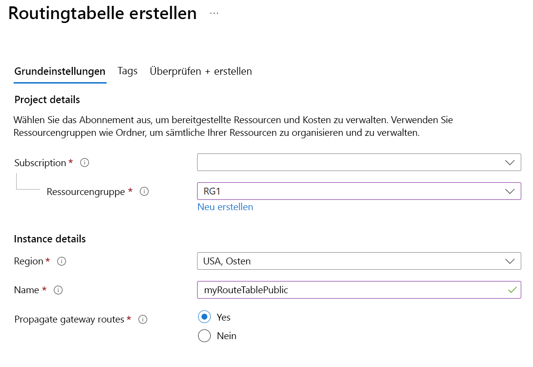 Screenshot des Bereichs „Routingtabelle“ im Azure-Portal