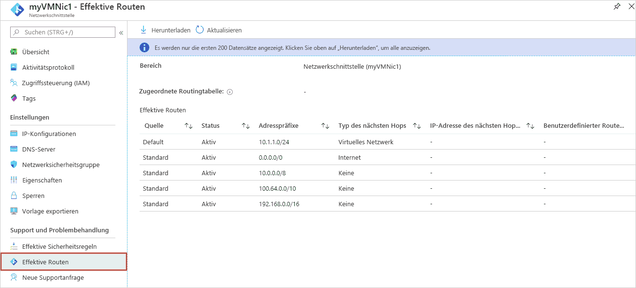 Screenshot der effektiven Routen im Azure-Portal