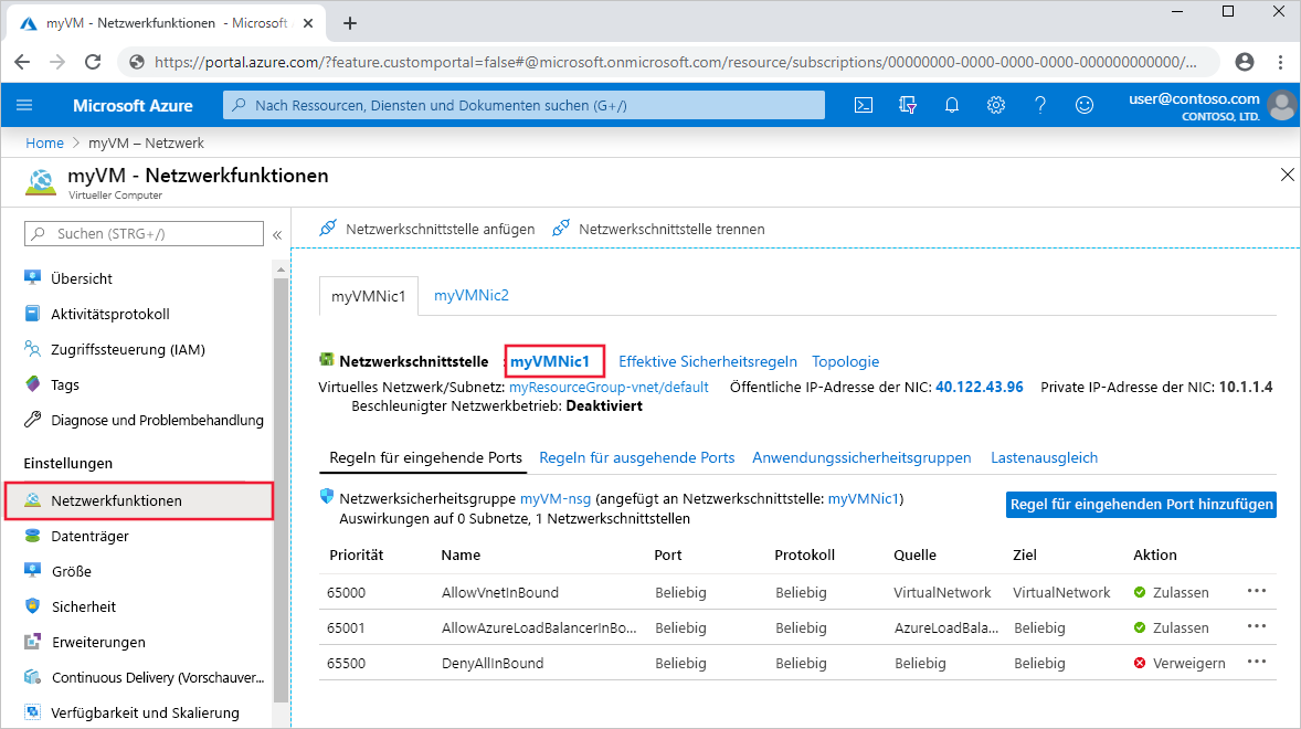 Screenshot der NIC im Azure-Portal