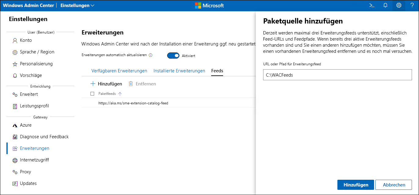 Der Screenshot zeigt den Bereich „Paketquelle hinzufügen“ des Erweiterungs-Managers von Windows Admin Center.