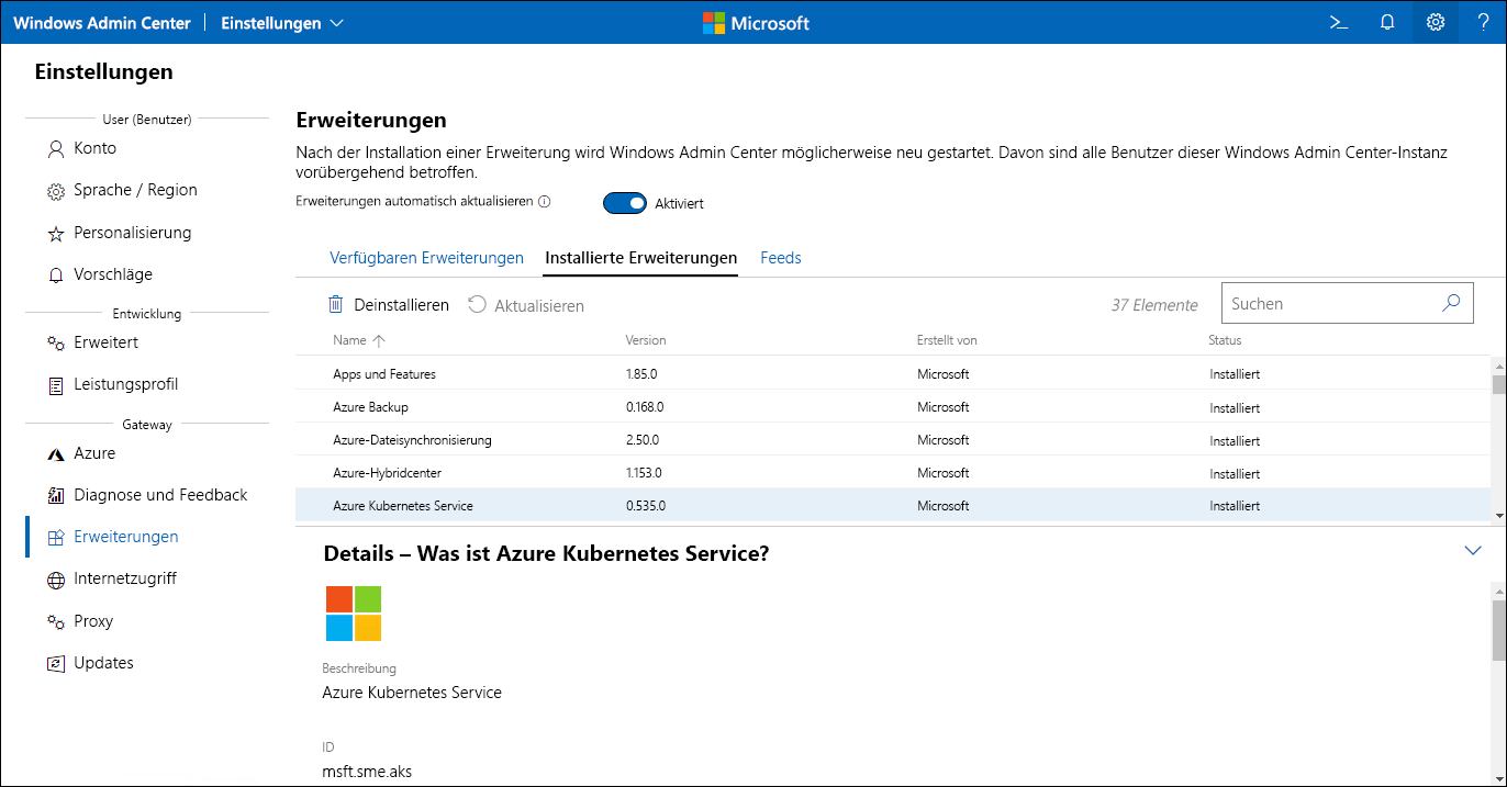 Der Screenshot zeigt die auf dem Windows Admin Center installierte AKS-Erweiterung.