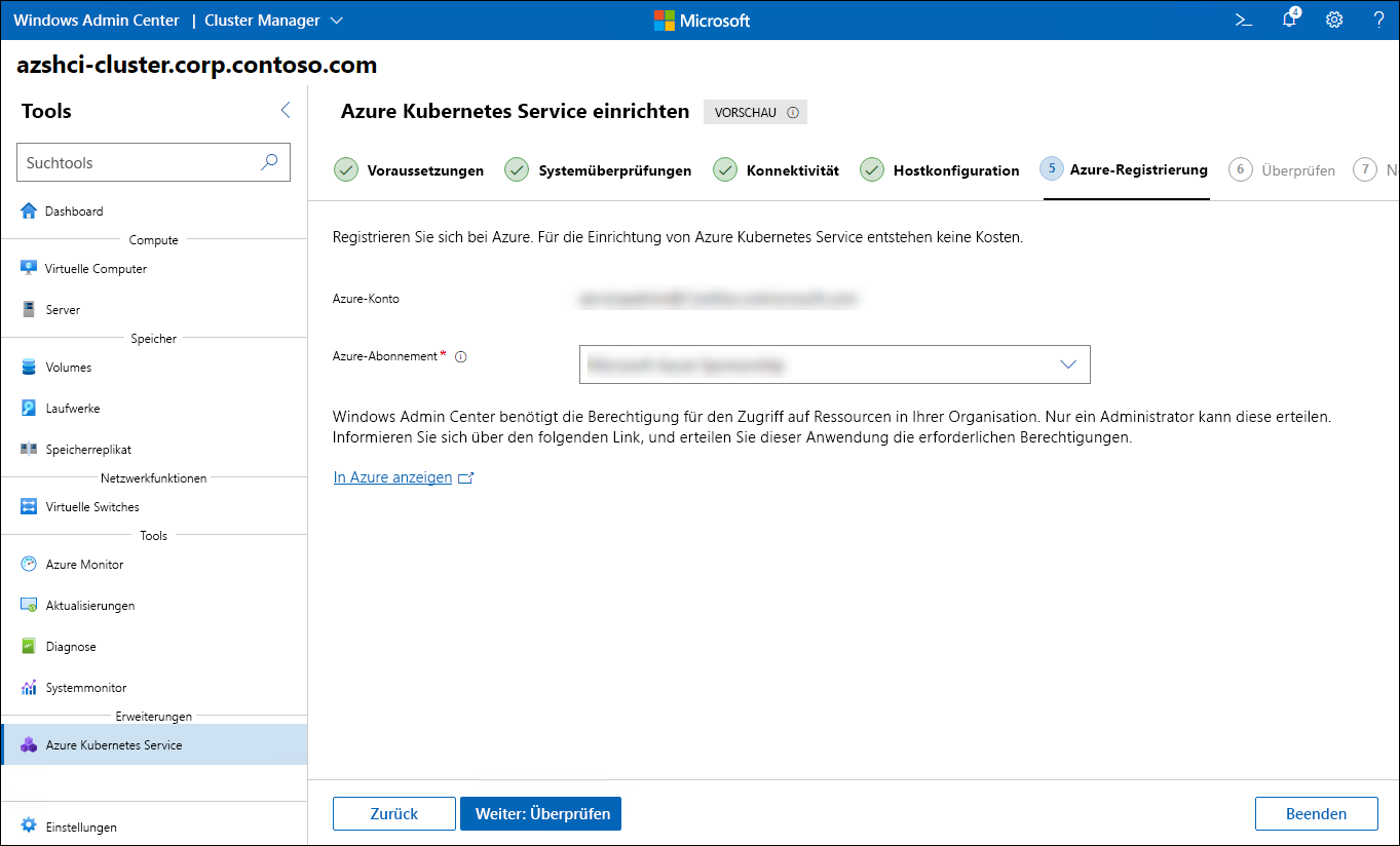 Der Screenshot zeigt den Schritt „Azure-Registrierung“ des Assistenten zum Einrichten des Azure Kubernetes Service in Windows Admin Center.