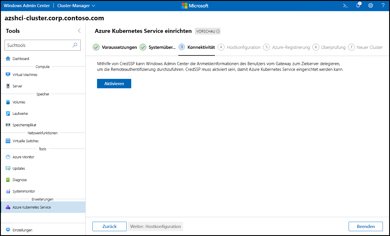 Der Screenshot zeigt den Schritt „Konnektivität“ des Assistenten zum Einrichten des Azure Kubernetes Service in Windows Admin Center.