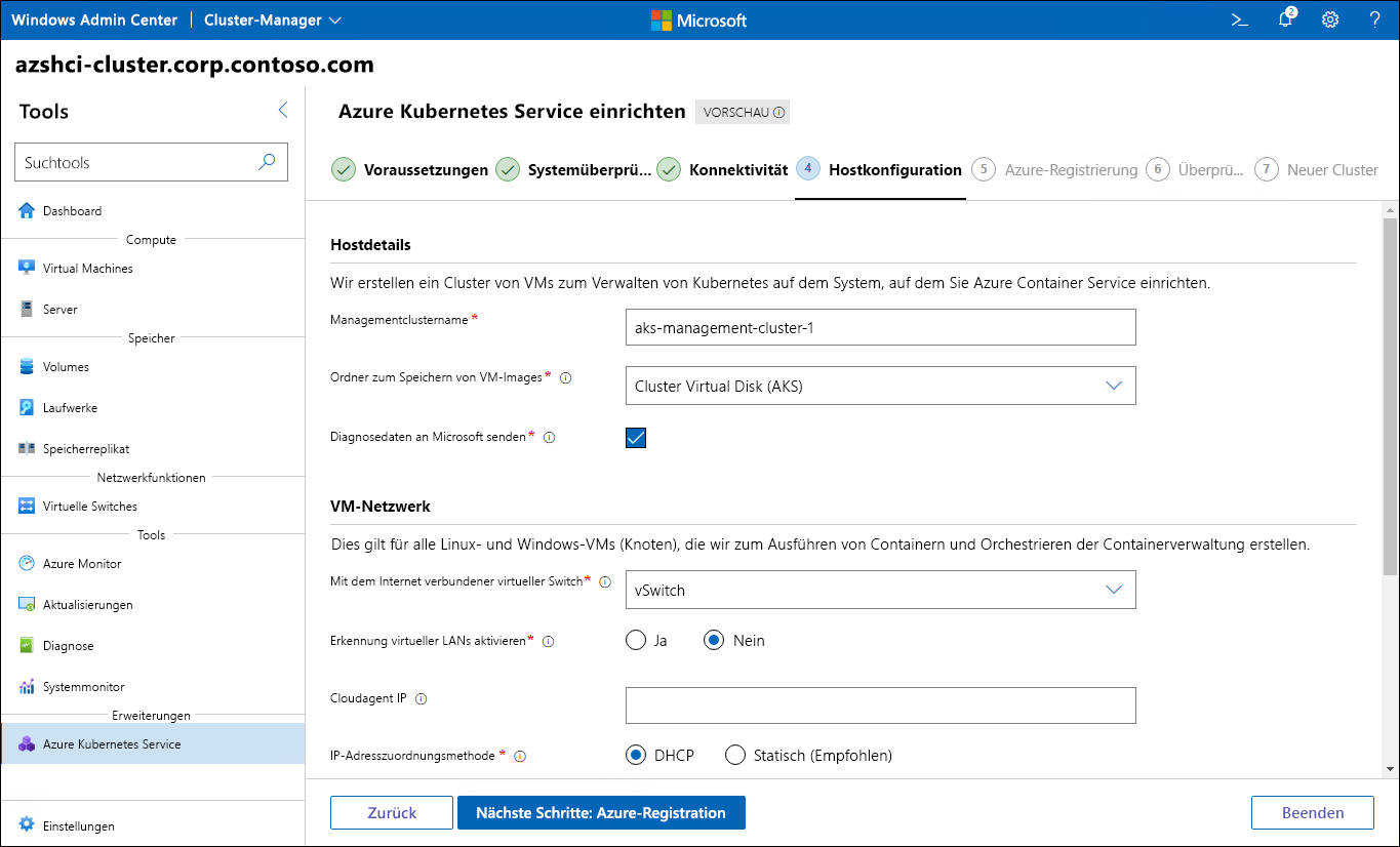 Der Screenshot zeigt den Schritt „Hostkonfiguration“ des Assistenten zum Einrichten des Azure Kubernetes Service in Windows Admin Center.