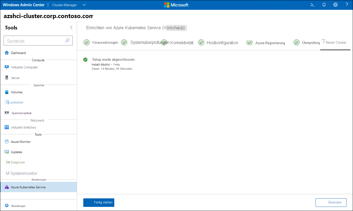 Der Screenshot zeigt den Schritt „Neuer Cluster“ des Assistenten zum Einrichten des Azure Kubernetes Service in Windows Admin Center.