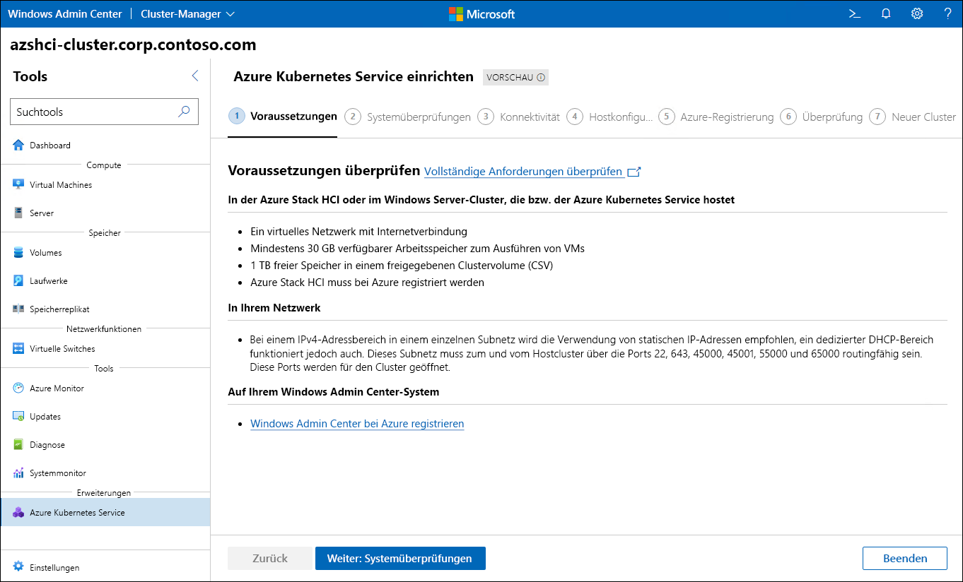 Der Screenshot zeigt den Schritt „Voraussetzungen“ des Assistenten zum Einrichten des Azure Kubernetes Service in Windows Admin Center.