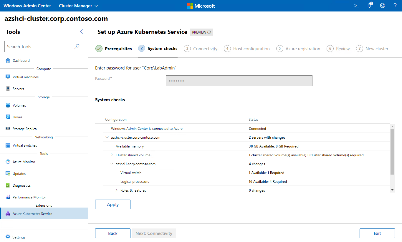 Der Screenshot zeigt den Schritt „Systemüberprüfungen“ des Assistenten zum Einrichten des Azure Kubernetes Service in Windows Admin Center.