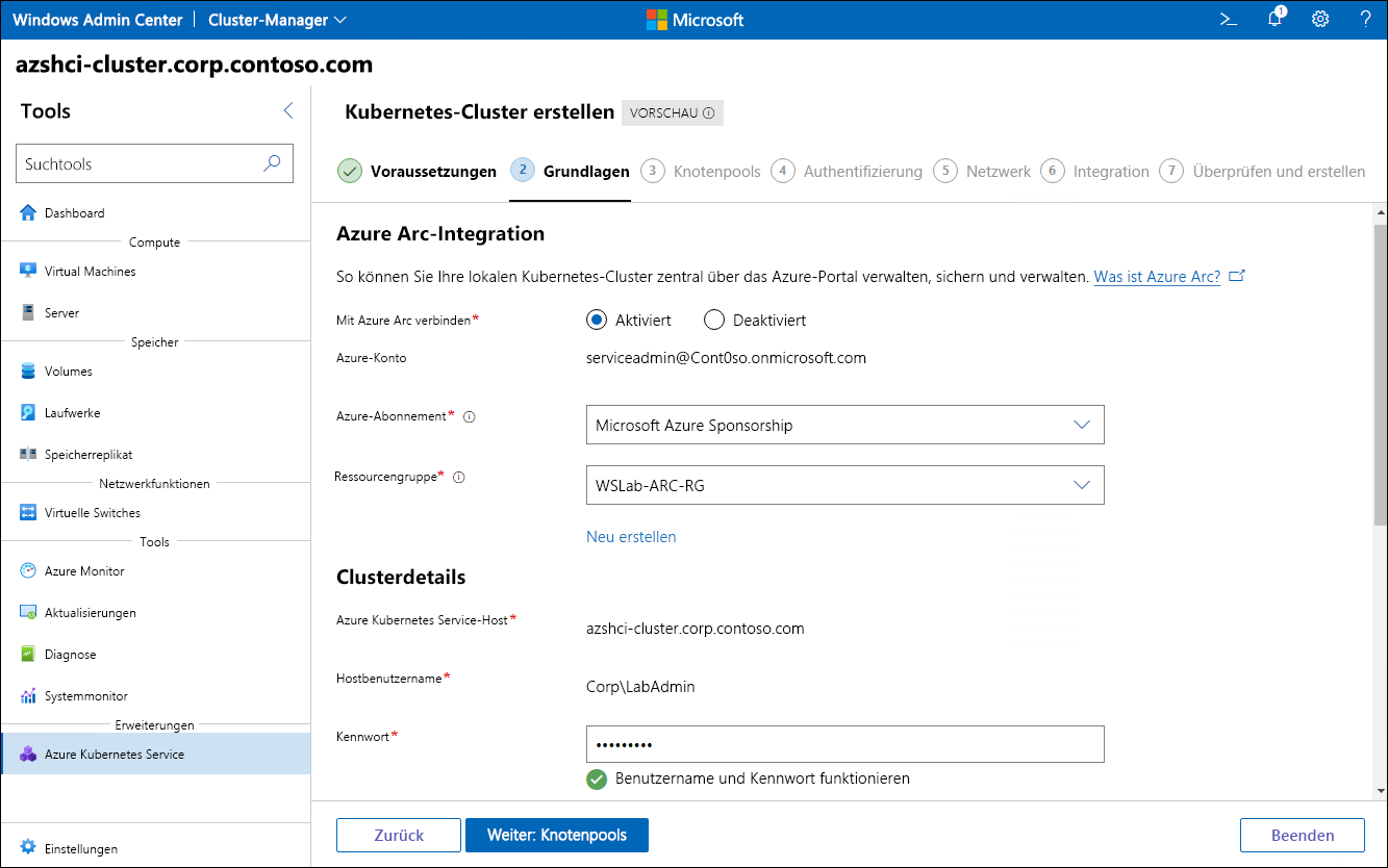 Der Screenshot zeigt die Azure Arc-Integrationseinstellungen des Schritts „Grundlagen“ des Assistenten zum Erstellen von Kubernetes-Clustern in Windows Admin Center.