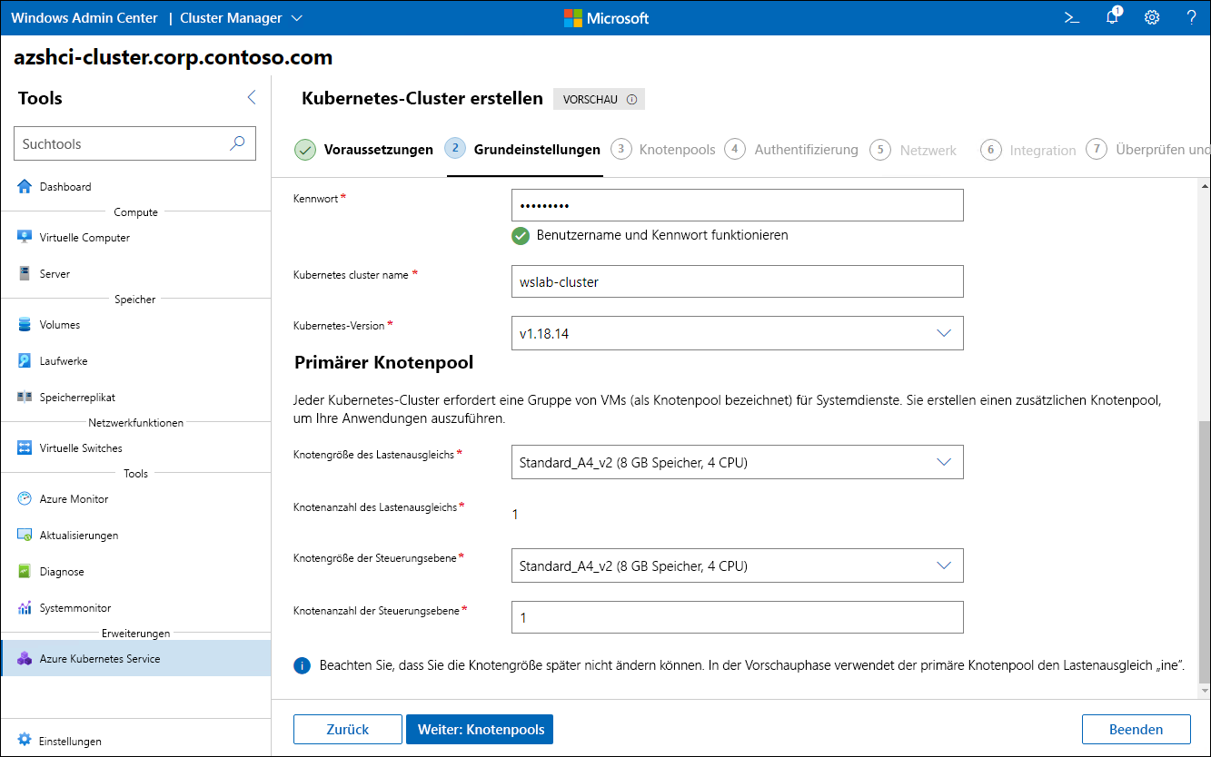 Der Screenshot zeigt die Kubernetes-Version und die Einstellungen des primären Knotenpools des Schritts „Grundlagen“ des Assistenten zum Erstellen von Kubernetes-Clustern in Windows Admin Center.