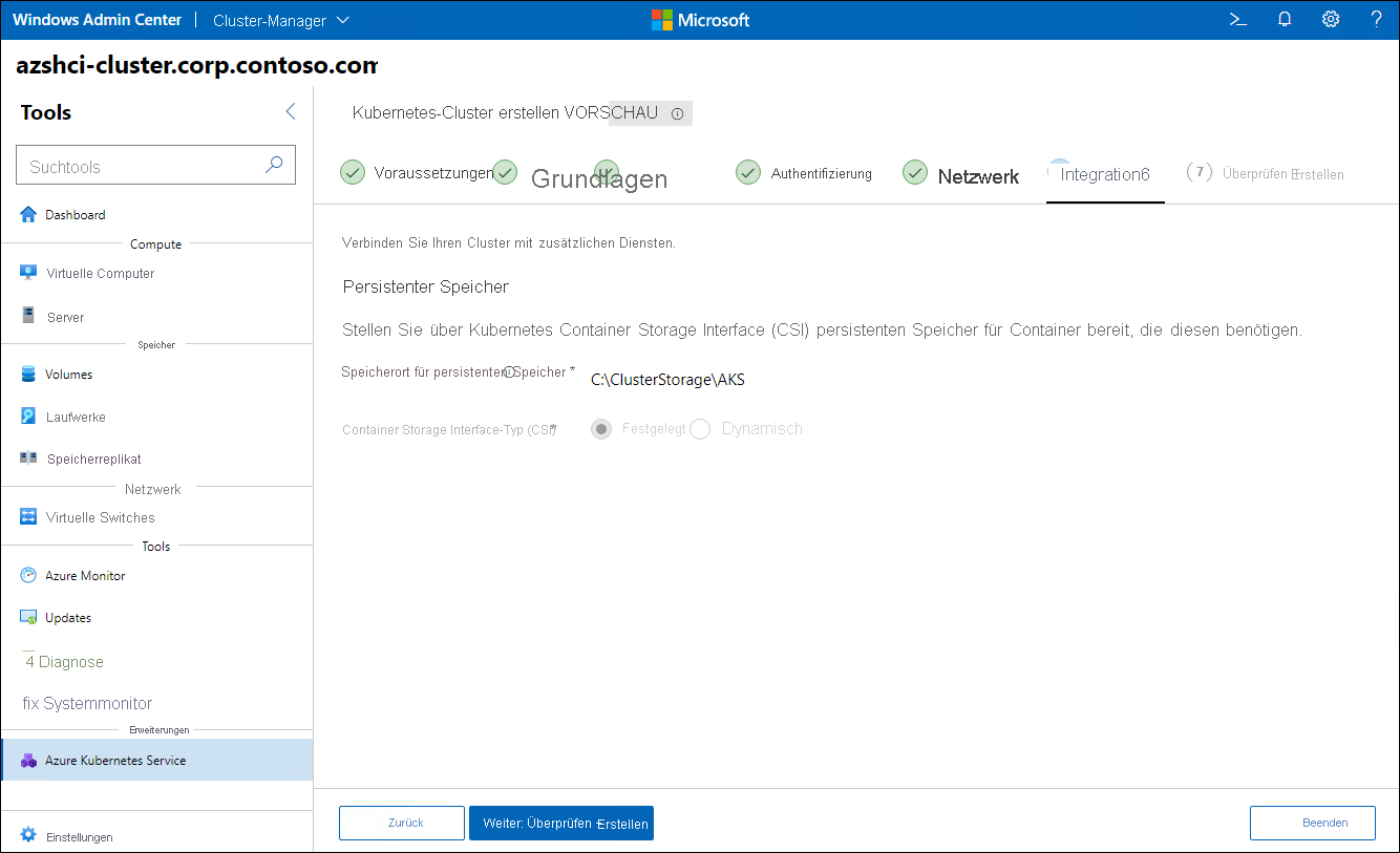 Der Screenshot zeigt den Schritt „Integration“ des Assistenten zum Erstellen von Kubernetes-Clustern in Windows Admin Center.