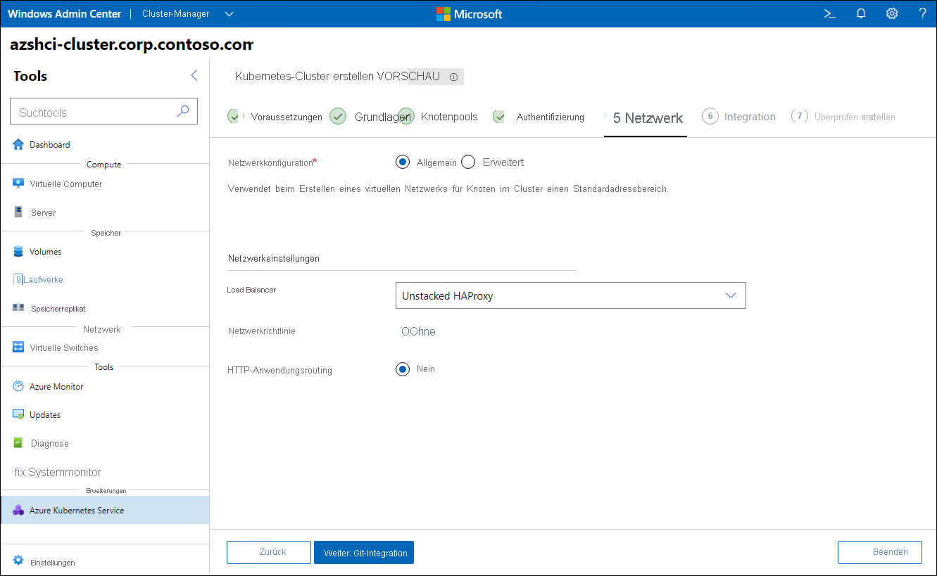 Der Screenshot zeigt den Schritt „Netzwerk“ des Assistenten zum Erstellen von Kubernetes-Clustern in Windows Admin Center.