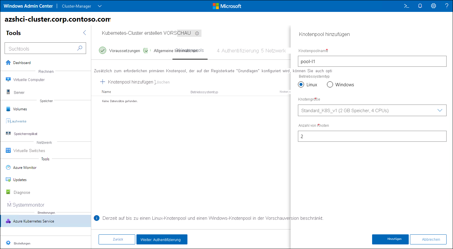 Der Screenshot zeigt das Blatt „Knotenpool hinzufügen“ des Assistenten zum Erstellen von Kubernetes-Clustern in Windows Admin Center.