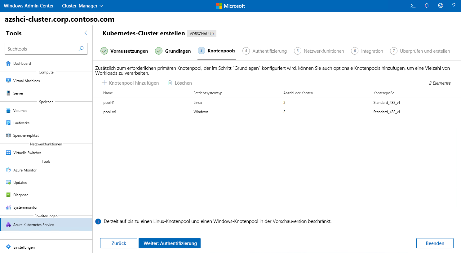 Der Screenshot zeigt den Schritt „Knotenpools“ des Assistenten zum Erstellen von Kubernetes-Clustern in Windows Admin Center.