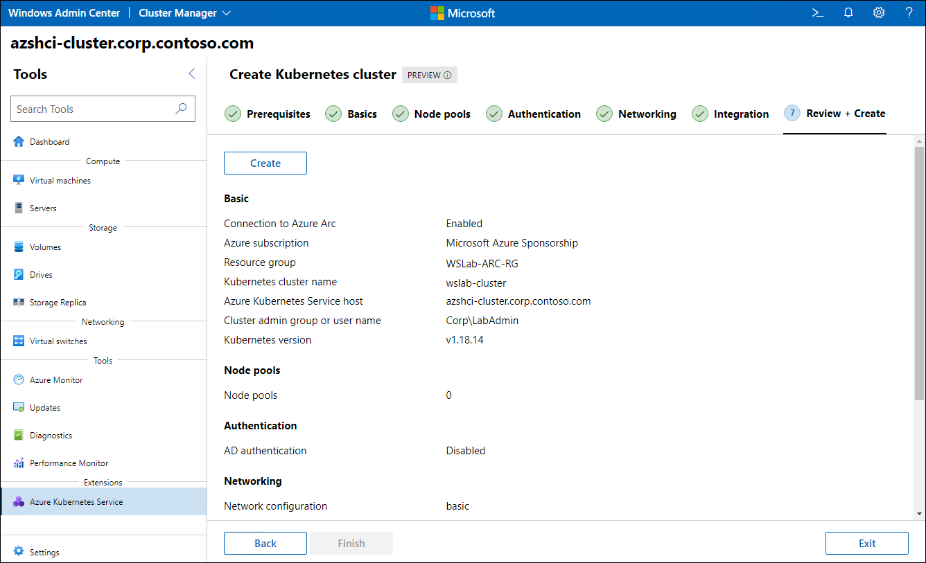 Der Screenshot zeigt den Schritt „Überprüfen + erstellen“ des Assistenten zum Erstellen von Kubernetes-Clustern in Windows Admin Center.