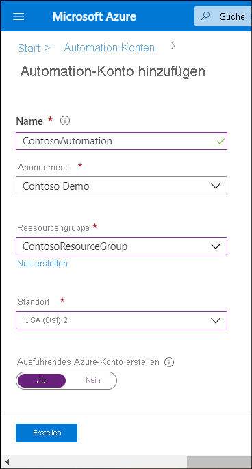 Screenshot des Azure-Portals. Der/die Administrator*in fügt ein Azure Automation-Konto hinzu. Der Name lautet ContosoAutomation in der ContosoResourceGroup, und der Standort ist „USA, Osten“.