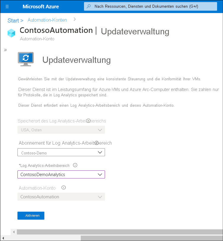 Screenshot des Administrators, der Updateverwaltung für ein Log Analytics-Arbeitsbereichskonto und ein Automation-Konto auswählt.