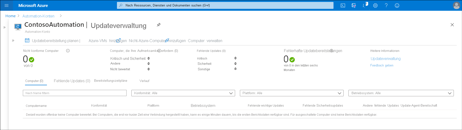 Screenshot des Bereichs „Updateverwaltung“ im Azure-Portal. Der/die Administrator*in hat die Updateverwaltung aktiviert, aber es wurde noch kein Onboarding von Servern durchgeführt.