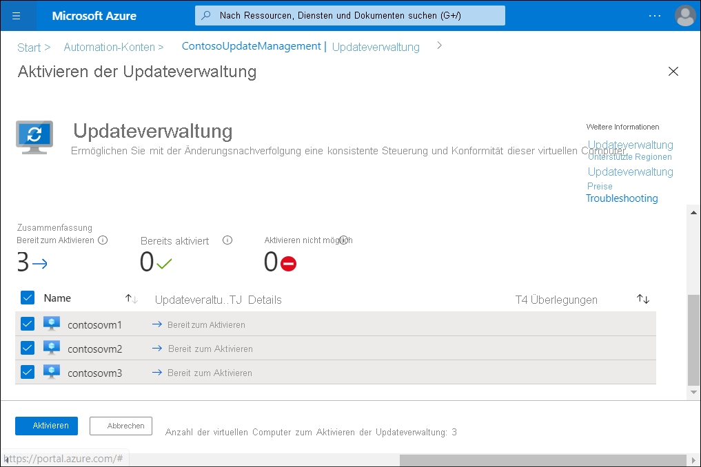 Screenshot des Bereichs „Updateverwaltung aktivieren“ im Azure-Portal. Der/die Administrator*in hat drei VMs für das Onboarding ausgewählt.