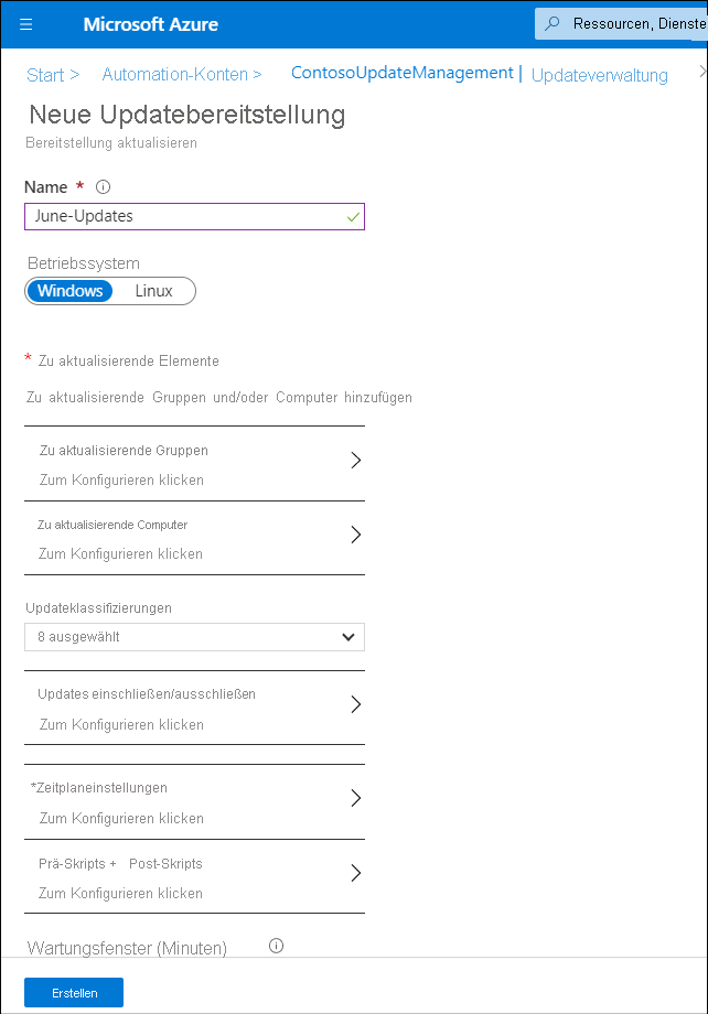 Screenshot des Blatts für neue Updatebereitstellungen im Azure-Portal. Der Administrator fügt ein neues Update für den Monat Juni hinzu.