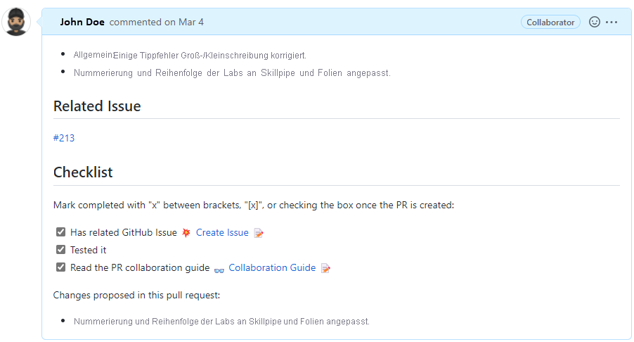 Screenshot of open a pull request representation with description field, related issue and a checklist template.