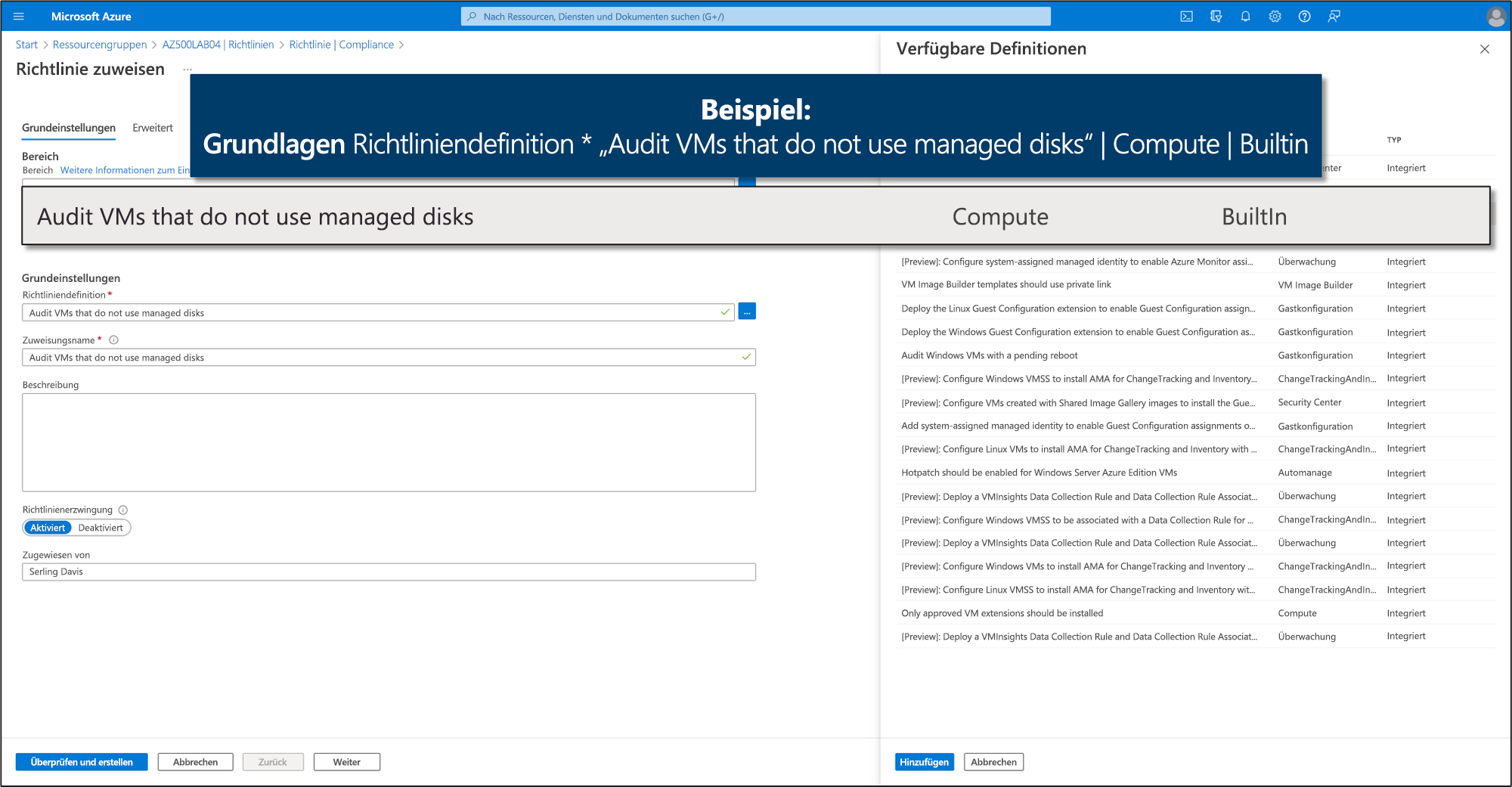 Screenshot: Beispiel einer grundlegenden Richtliniendefinition zum Überwachen von VMs ohne verwaltete Datenträger