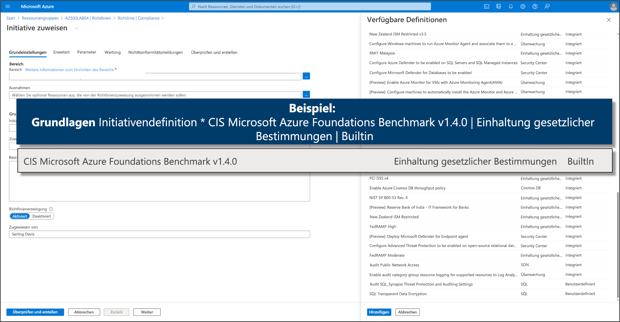 Screenshot: Beispiel des CIS Microsoft Azure Foundations Benchmark