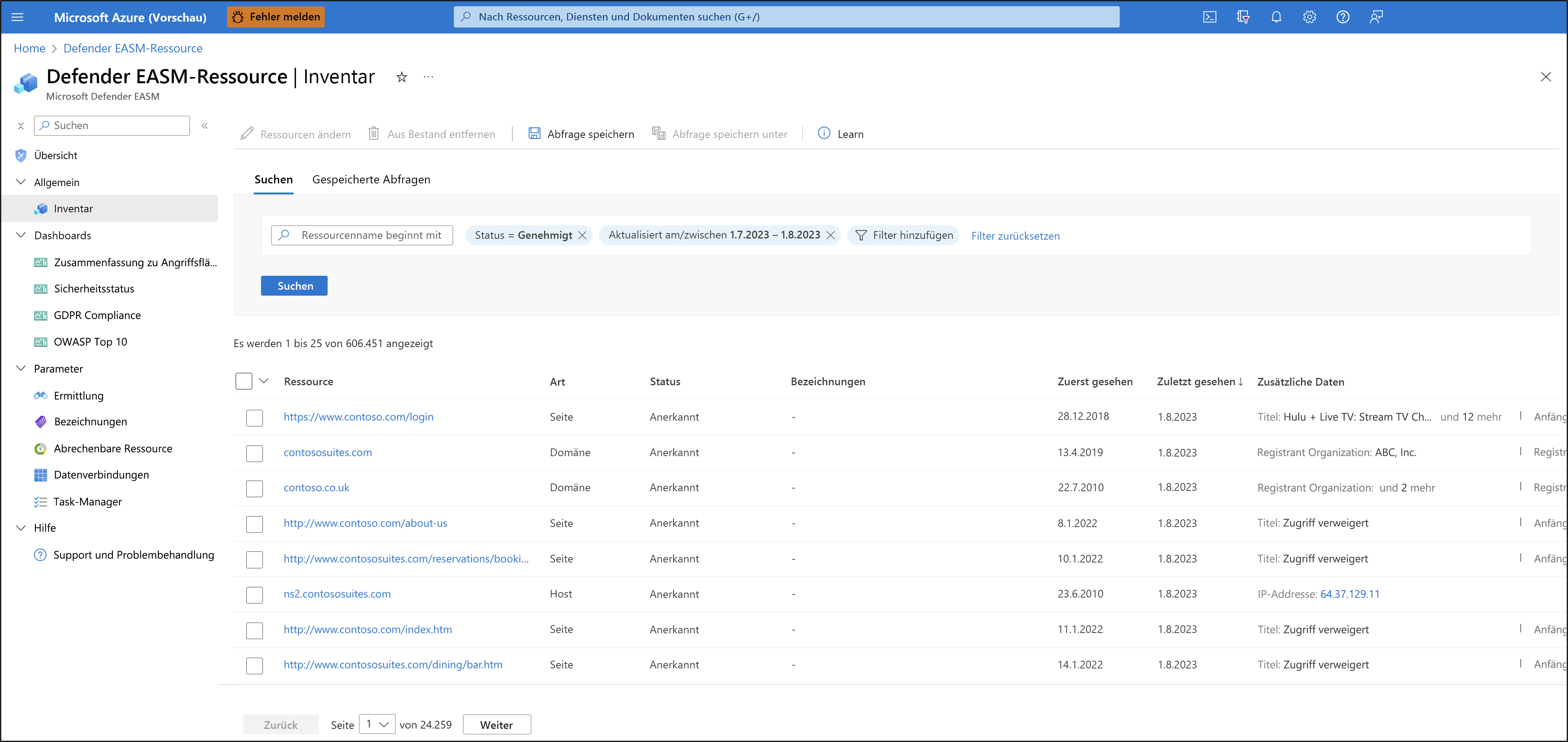 Screenshot showing the Microsoft Defender External Attack Surface Management inventory page.