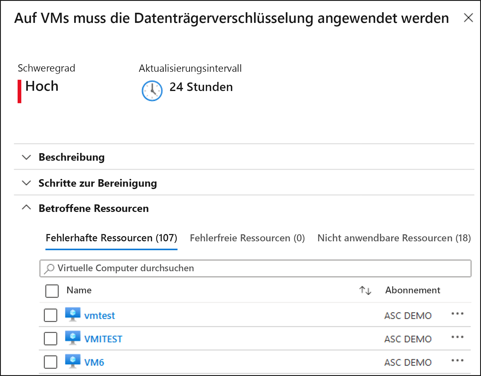 Screenshot, der zeigt, dass Datenträgerverschlüsselung auf VMs angewendet werden muss.