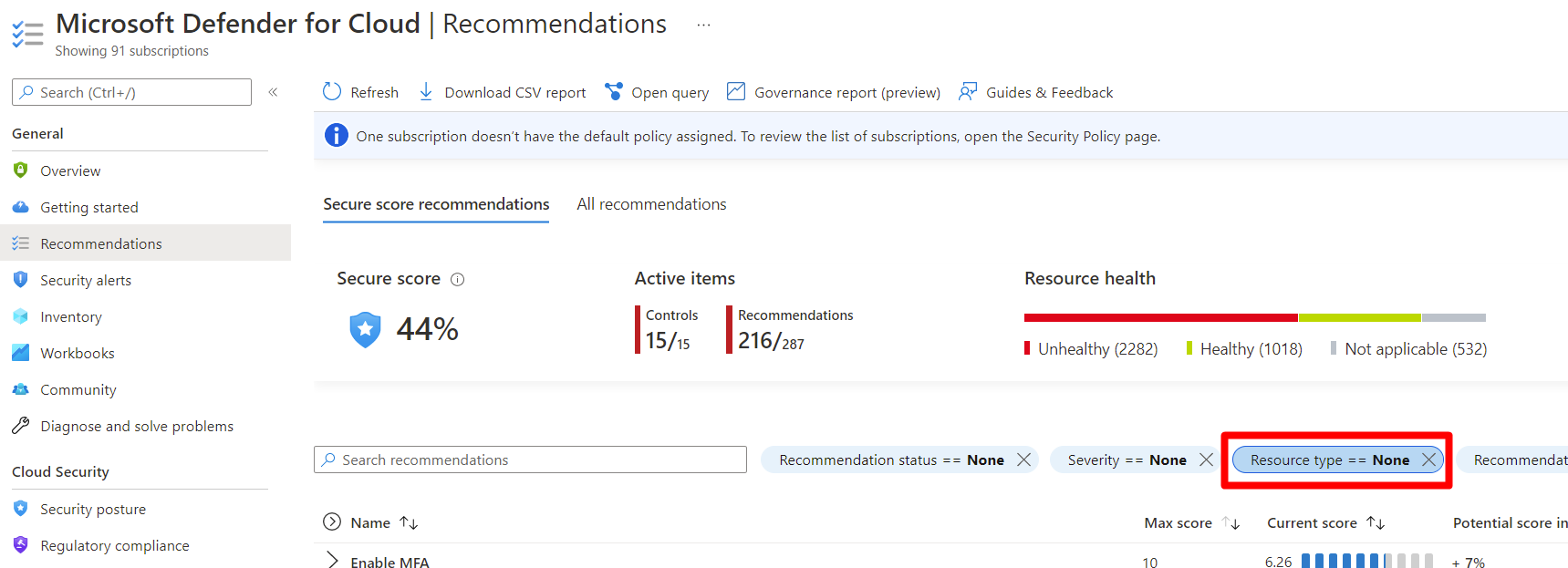 Screenshot: Beispiel für die Verwendung des Ressourcenfilters zum Überprüfen der ausstehenden Empfehlungen