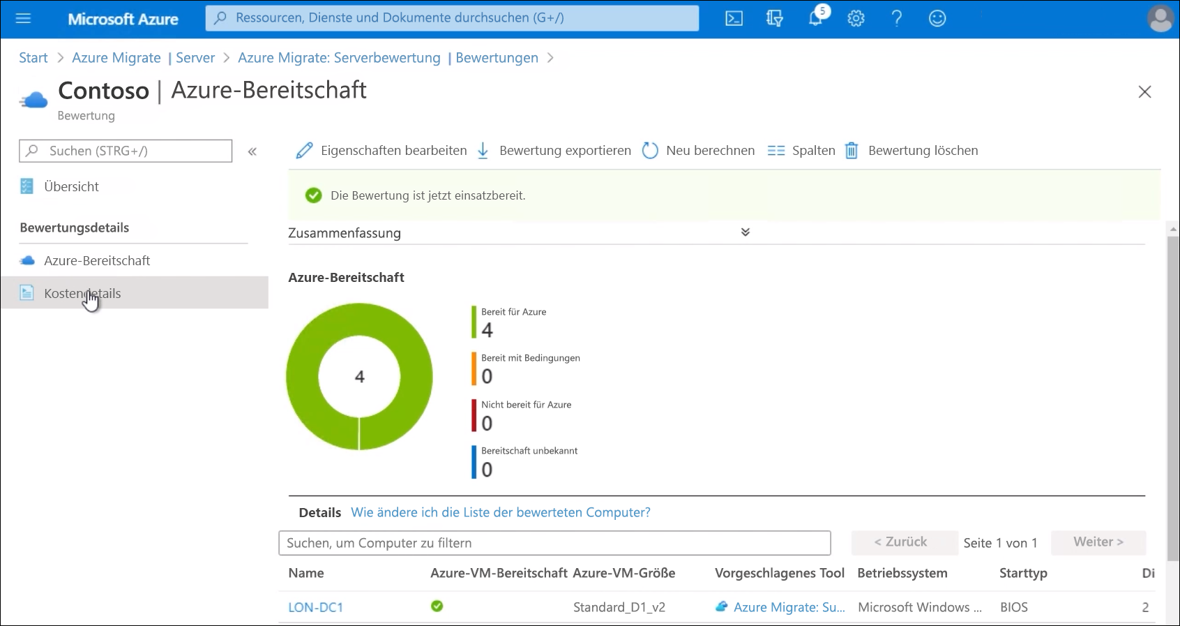 Ein Screenshot des Migrationsberichts mit vier VMs, die für die Migration bereit sind.