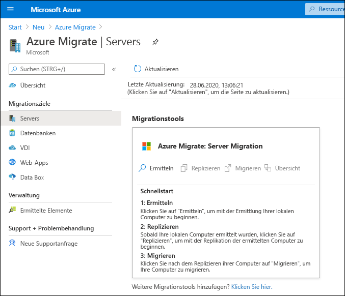 Screenshot: Azure-Portal. Ein Administrator hat Azure Migrate hinzugefügt und das Azure Migrate-Tool für die Servermigration ausgewählt.