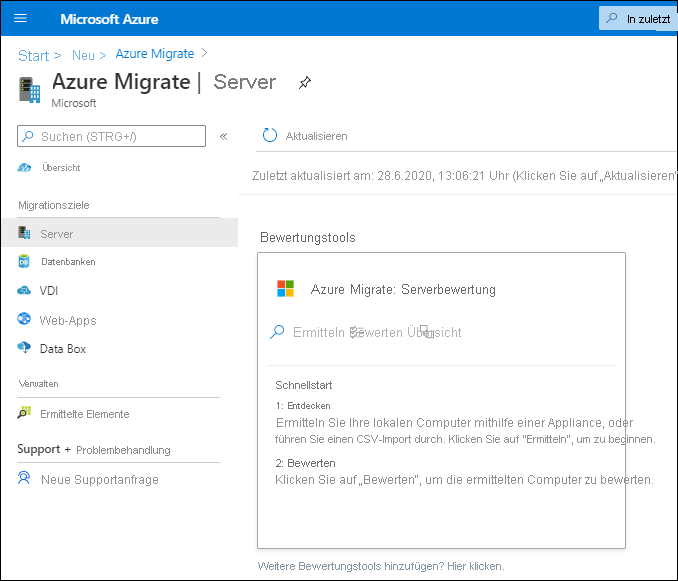 Screenshot: Azure-Portal. Ein Administrator hat Azure Migrate hinzugefügt und das Azure Migrate-Tool für die Serverbewertung ausgewählt.