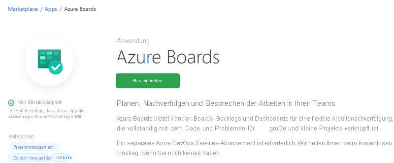 Screenshot der Azure Boards-App-Integration.