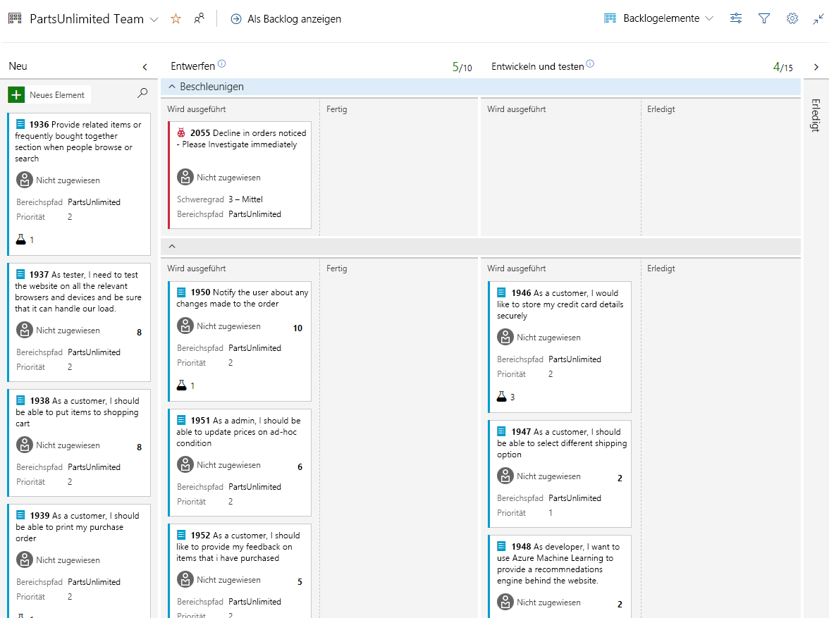 Screenshot von Kanban-Boards mit Arbeitselementen.