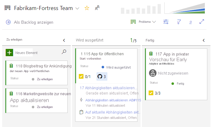 Screenshot der GitHub- und Azure Boards-Integration.