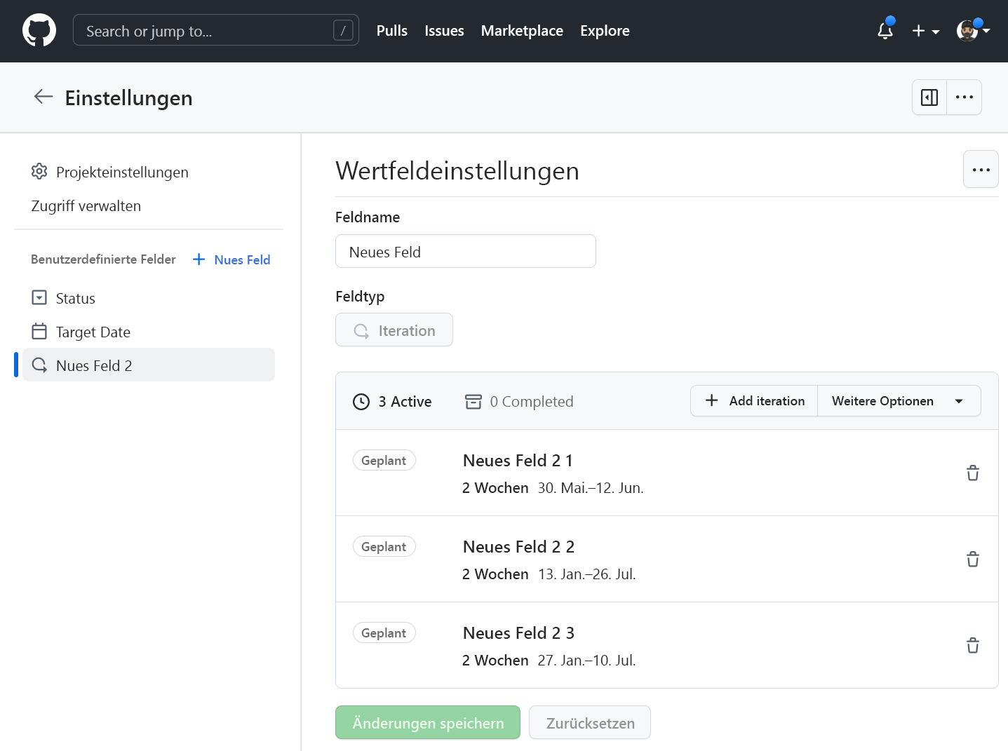 Screenshot vorhandener GitHub-Iterationen.