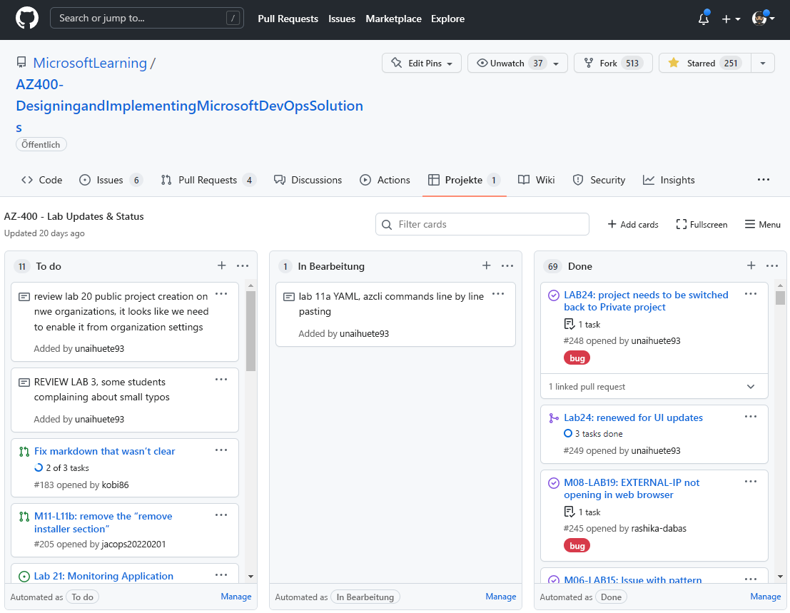 Screenshot des Features „GitHub-Projektboards“.